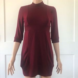 Joyce Leslie Mock Neck Ribbed 3/4 Sleeves Burgundy Dress Small